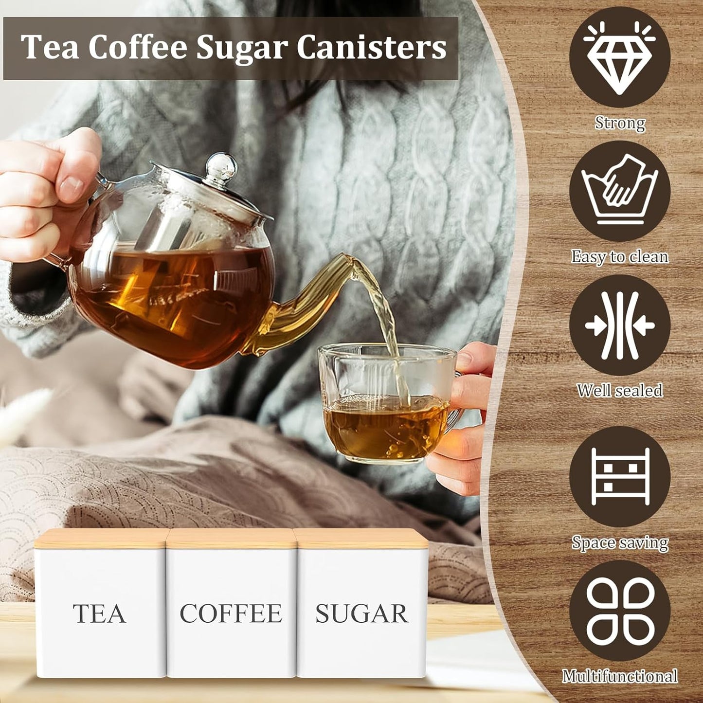 VAVPUP kitchen canister set with bamboo lids featuring tea, coffee, and sugar containers in a stylish setting