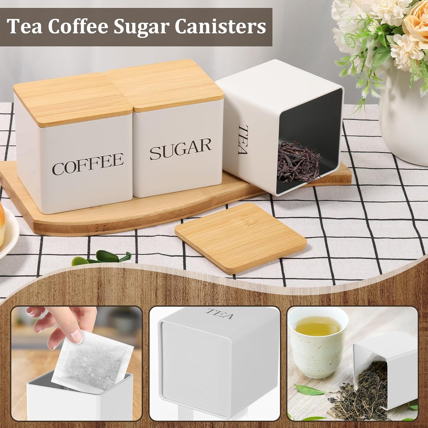 VAVPUP kitchen canister set with bamboo lids for coffee, tea, and sugar storage on a kitchen countertop