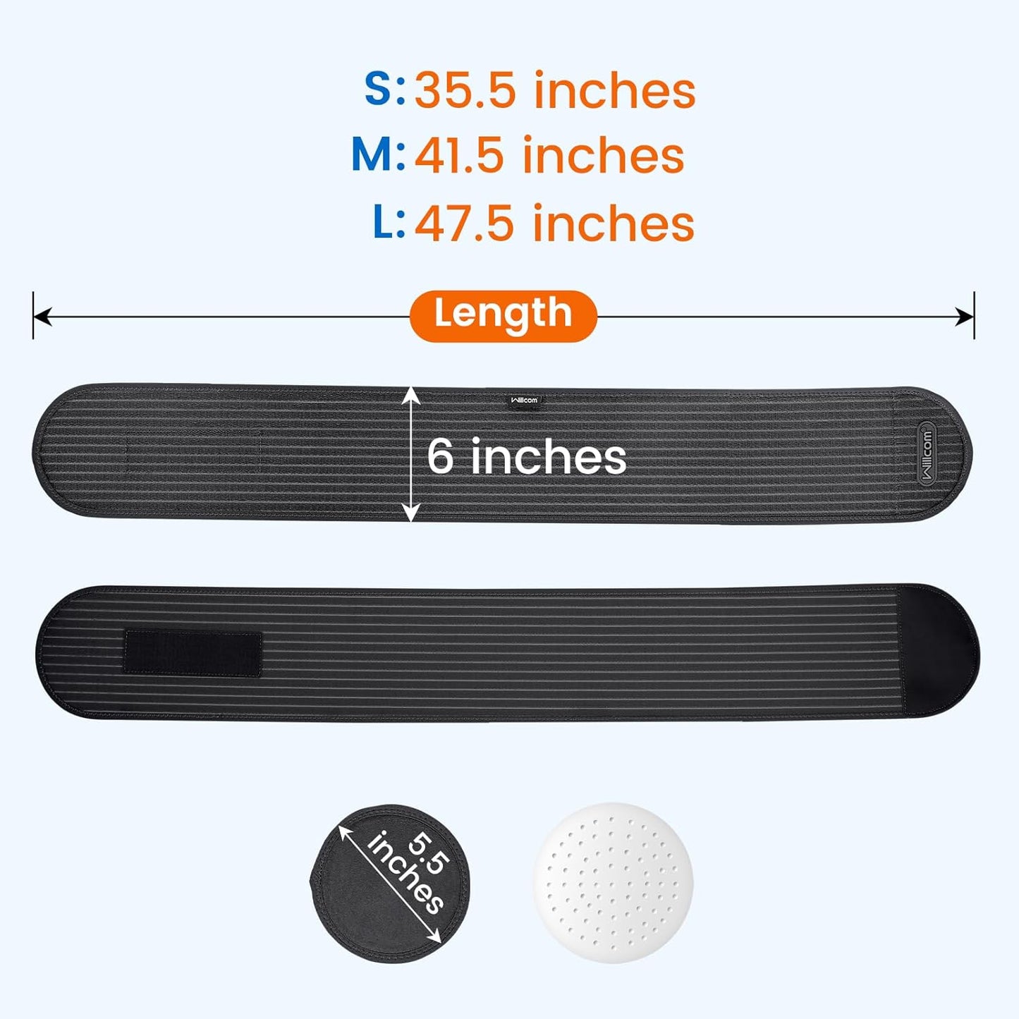 Willcom large umbilical hernia belt with adjustable lengths for comfort and support