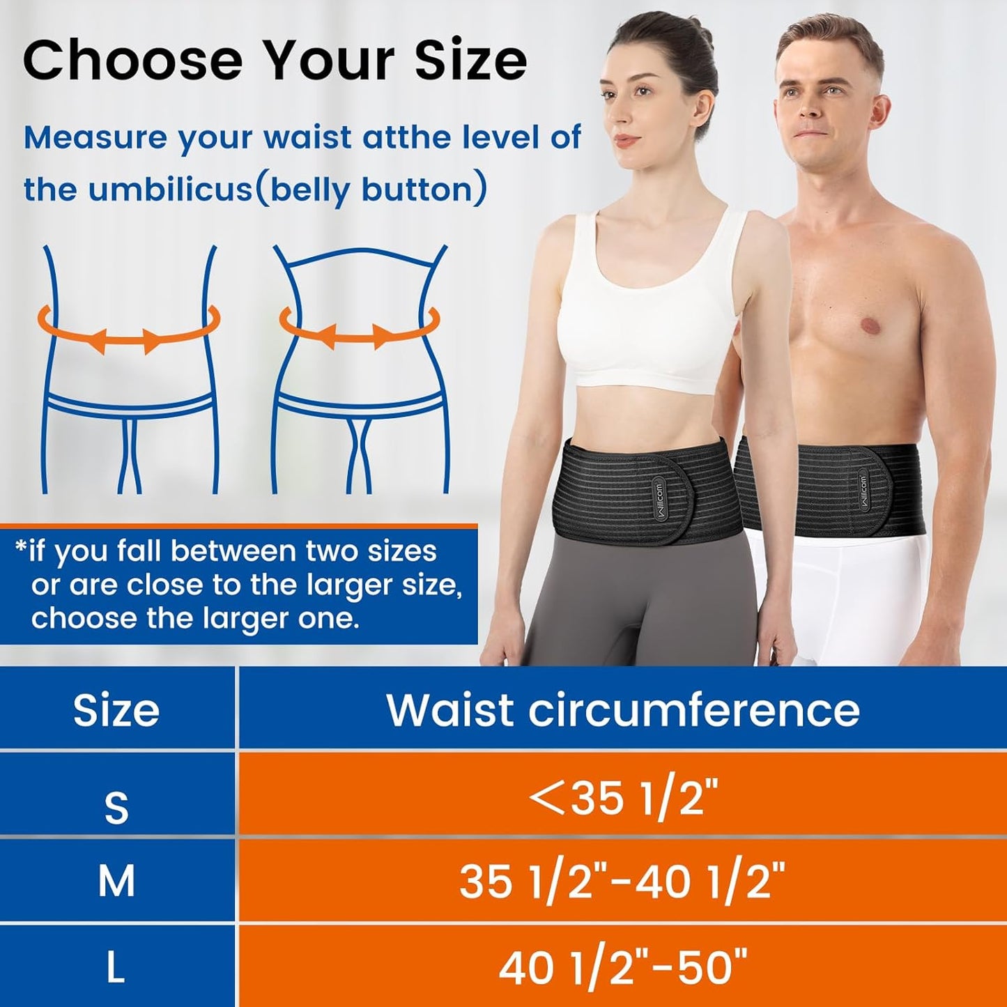 Sizing guide for large umbilical hernia belt showing measurement instructions and size chart