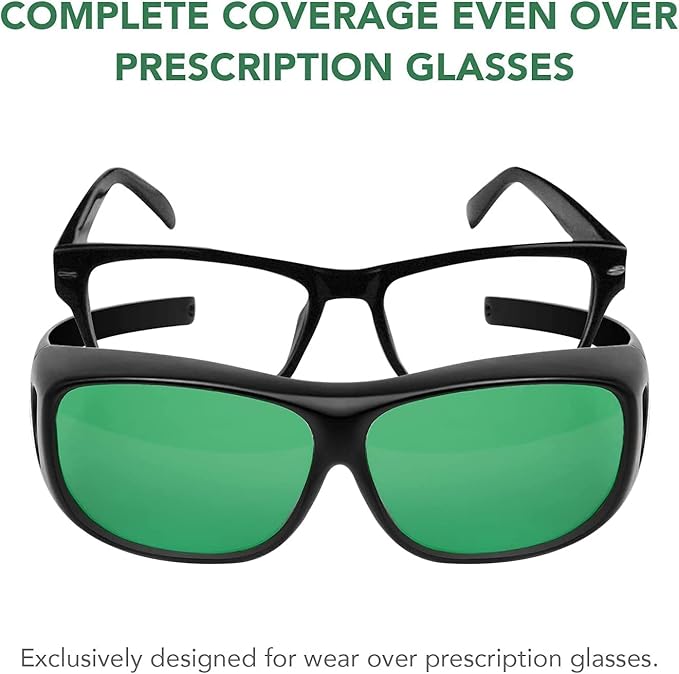 Senelux LED grow room glasses for hydroponics providing complete coverage over prescription glasses
