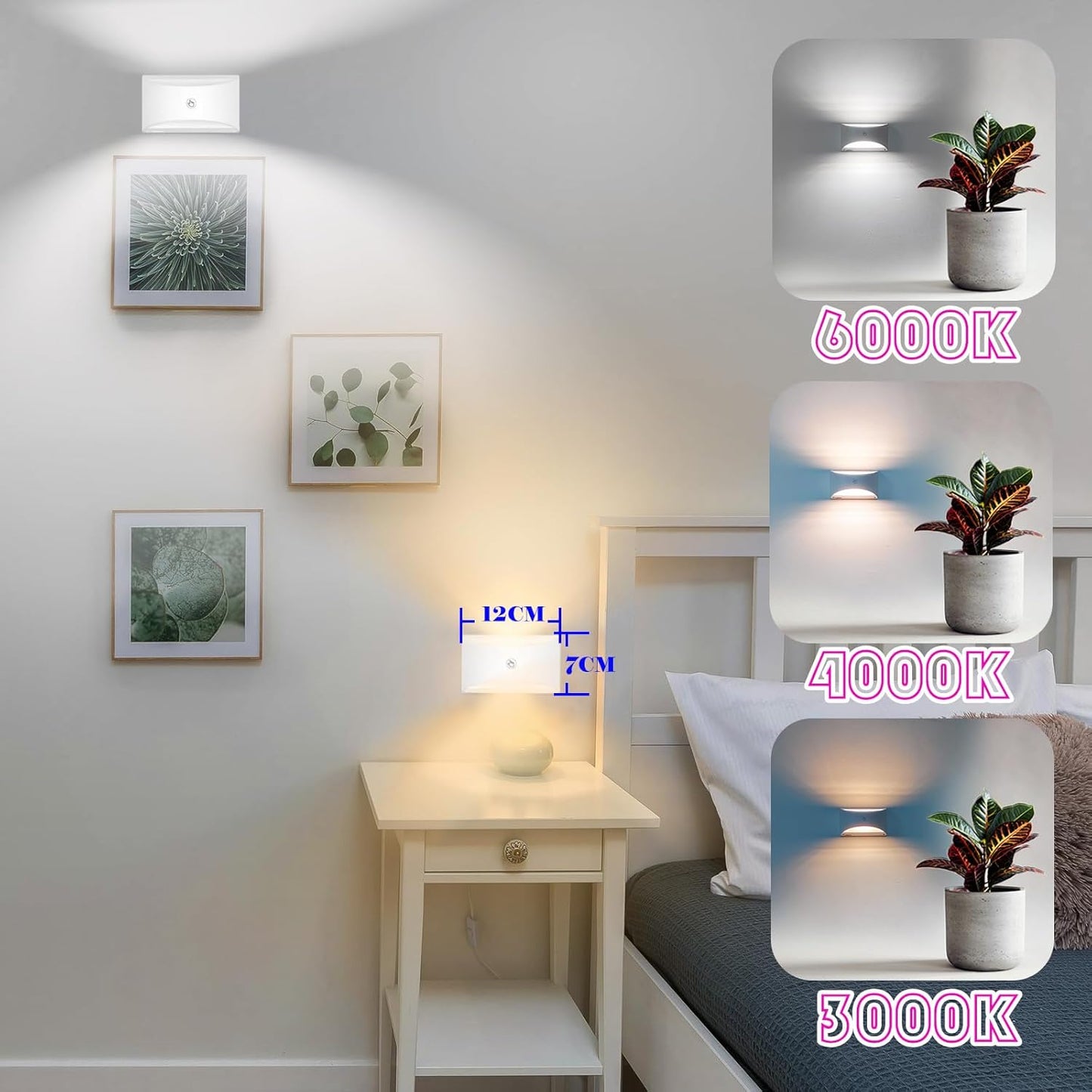 Joyes LED rechargeable wall lights showcasing adjustable colour temperatures in a stylish bedroom setting