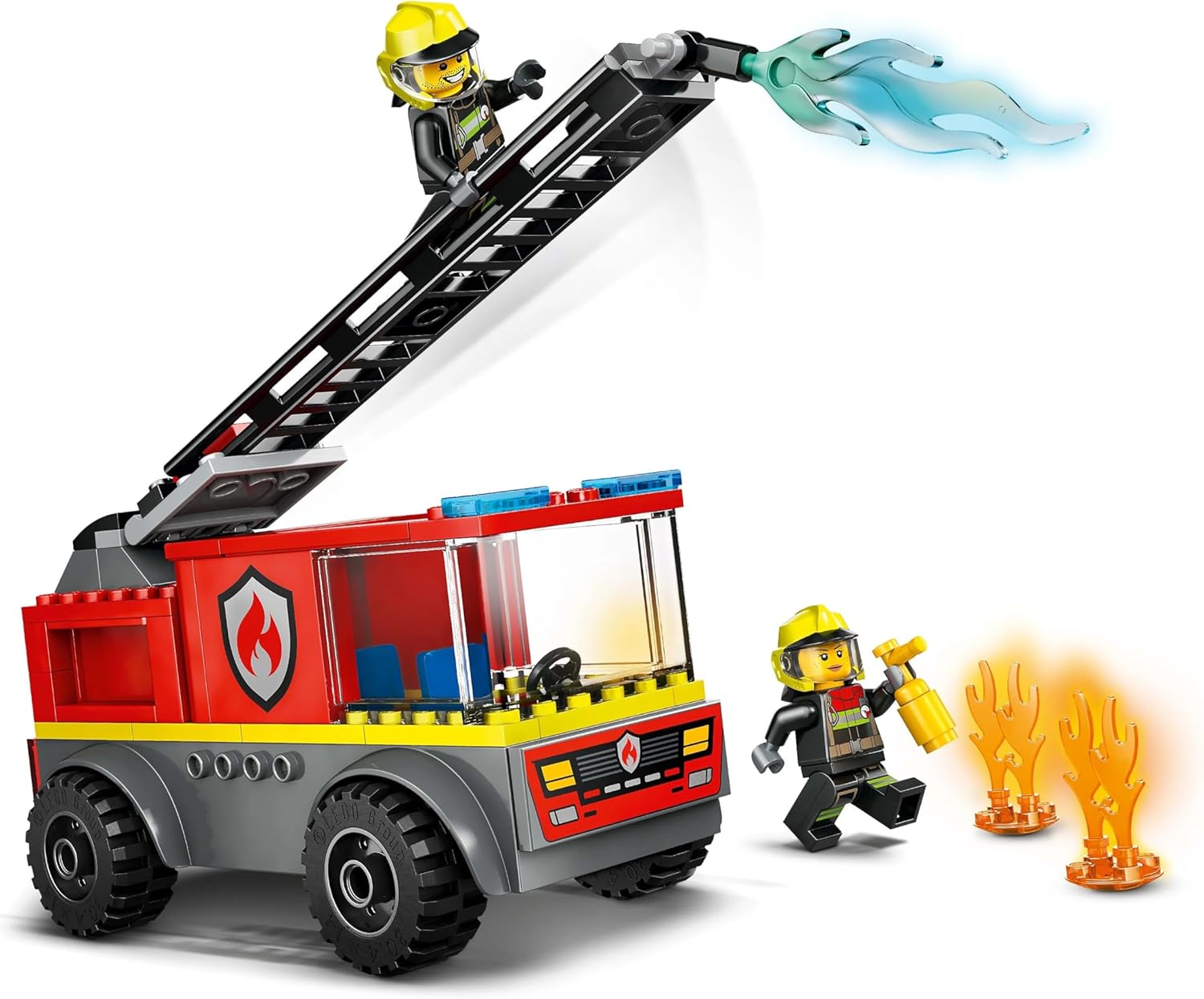 LEGO City Fire Engine toy featuring firefighters, a ladder, and flame accessories for imaginative play