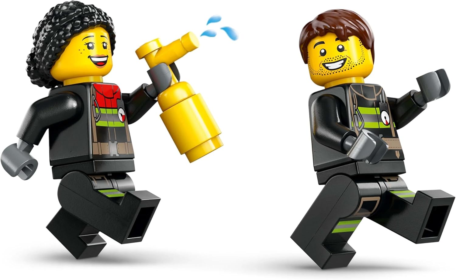 LEGO City Fire Engine toy featuring two smiling firefighters with a water hose and extinguisher
