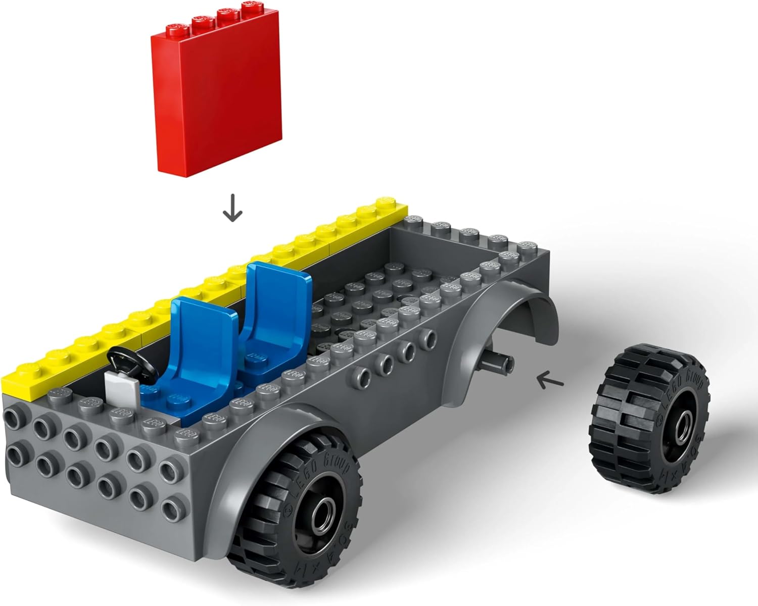 LEGO City Fire Engine toy construction showing grey base and blue seats with red block