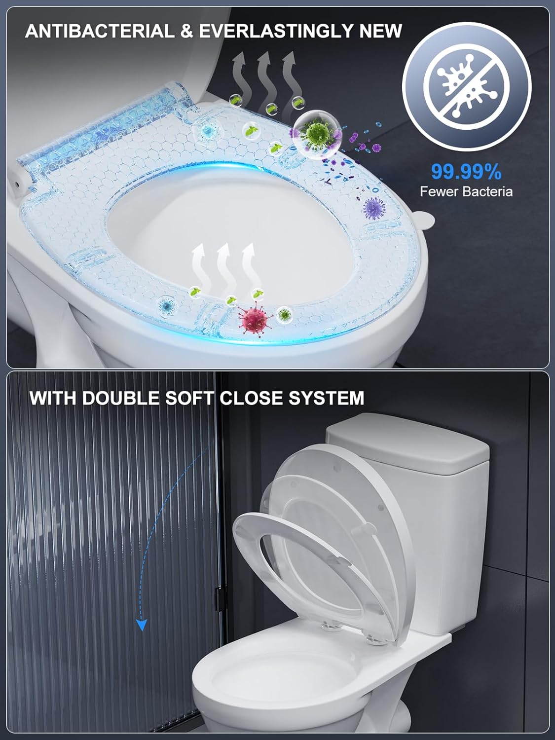 YEAUPE PRO lightweight toilet seat soft close with antibacterial features and double soft close system