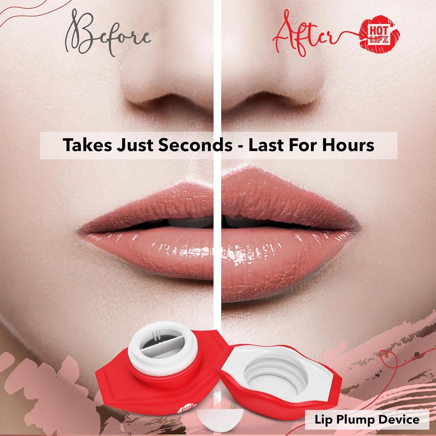 Miss Pouty Lip Plumper Device for fuller lips in seconds, long-lasting results showcased in before and after images.