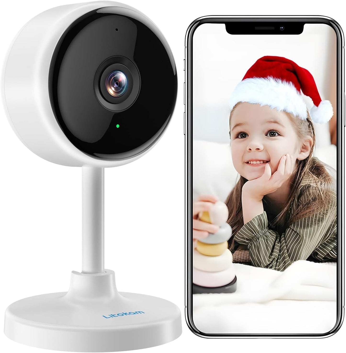 Litokam 2K indoor security camera with real-time smartphone monitoring for home safety
