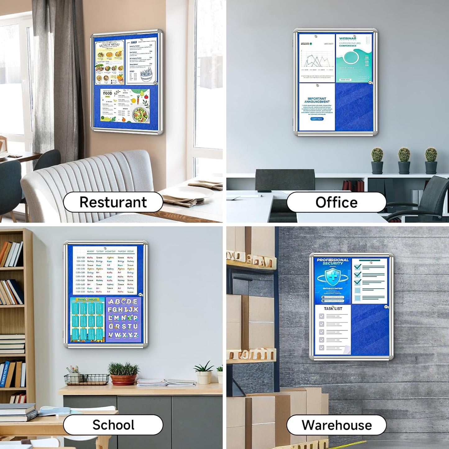 Sliandtelly lockable notice board displayed in various settings like office and school for secure information display