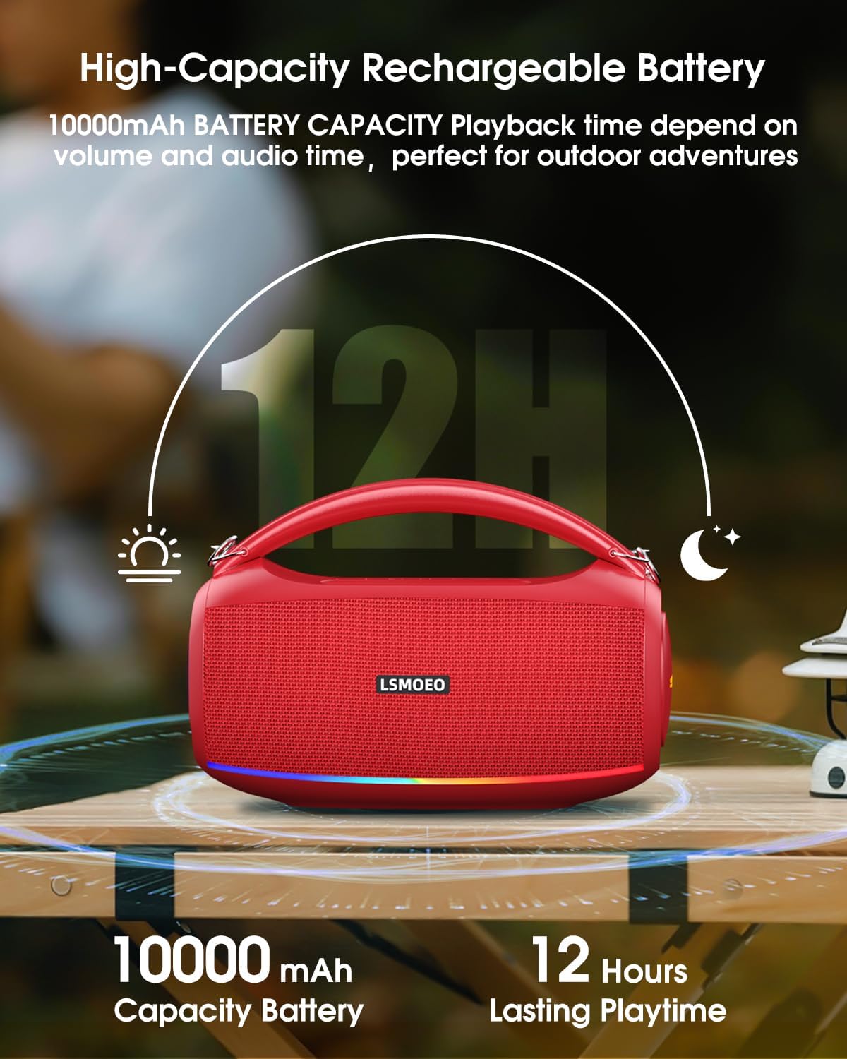 LSMOEO karaoke Bluetooth speaker for parties with 10000 mAh battery and 12 hours of playtime