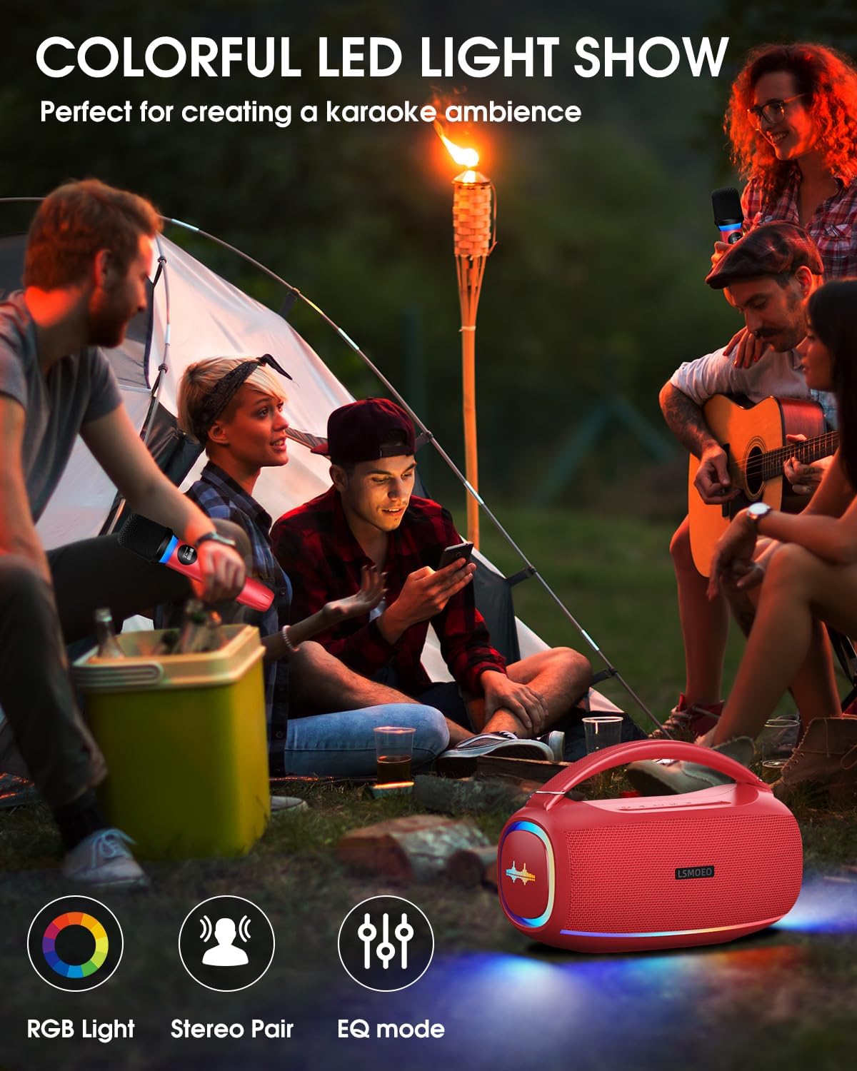 LSMOEO portable karaoke Bluetooth speaker for parties with colourful LED light show and stereo pairing feature