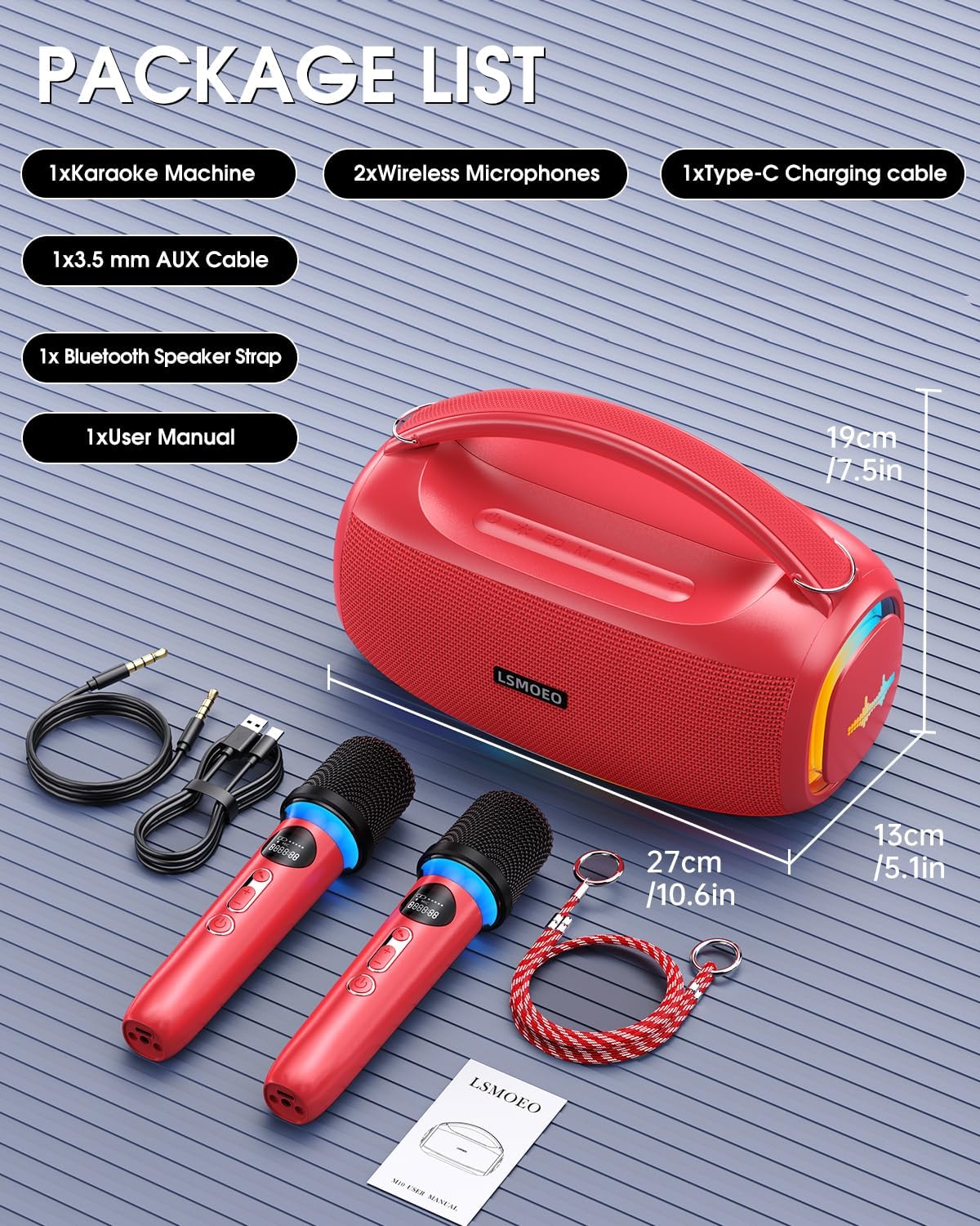 LSMOEO karaoke Bluetooth speaker for parties with two wireless microphones and accessories included