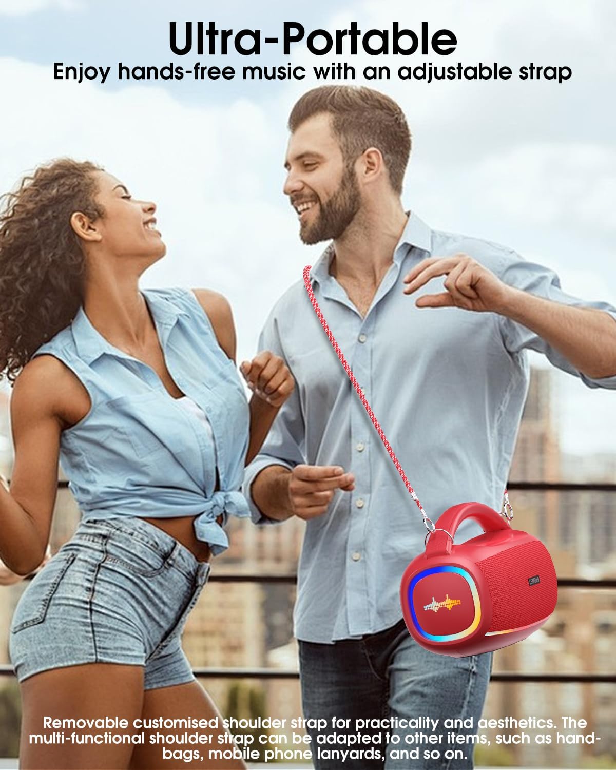LSMOEO ultra-portable karaoke Bluetooth speaker for parties with adjustable strap shown at a vibrant outdoor setting