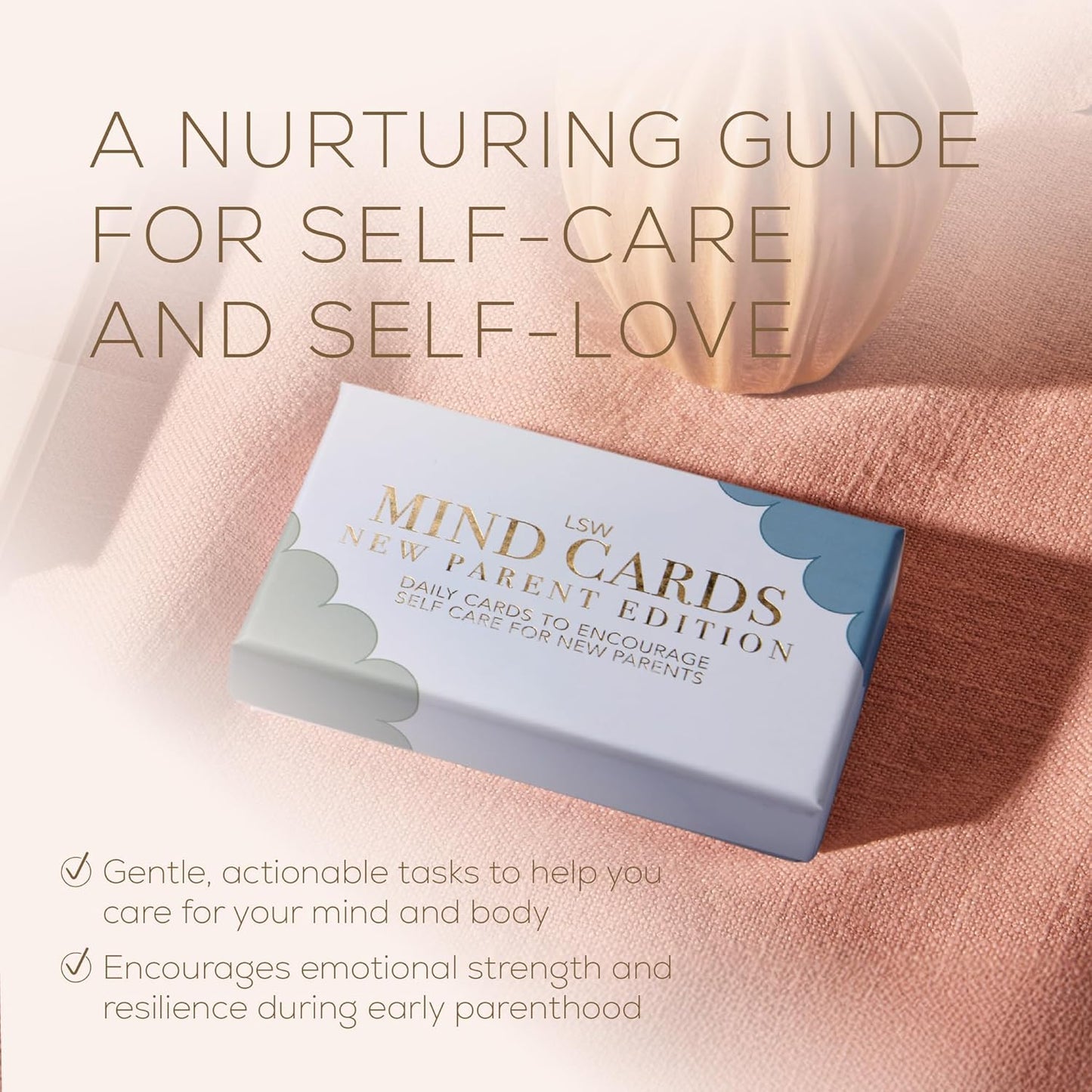 LSW London mindfulness cards for self care in a calming pastel box on a textured surface