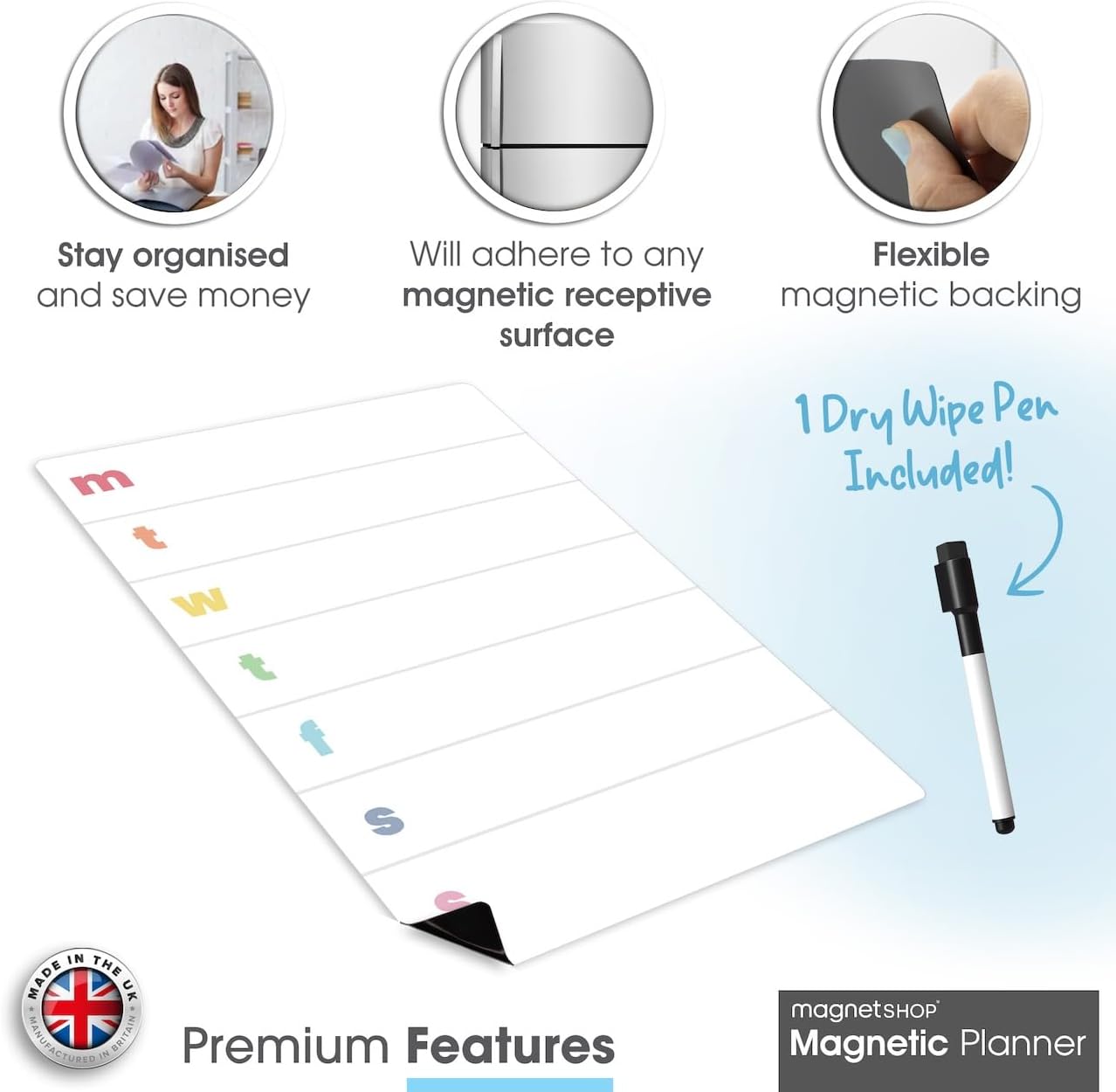 Magnetic weekly planner A4 with flexible backing, designed for easy organisation and includes a dry wipe pen