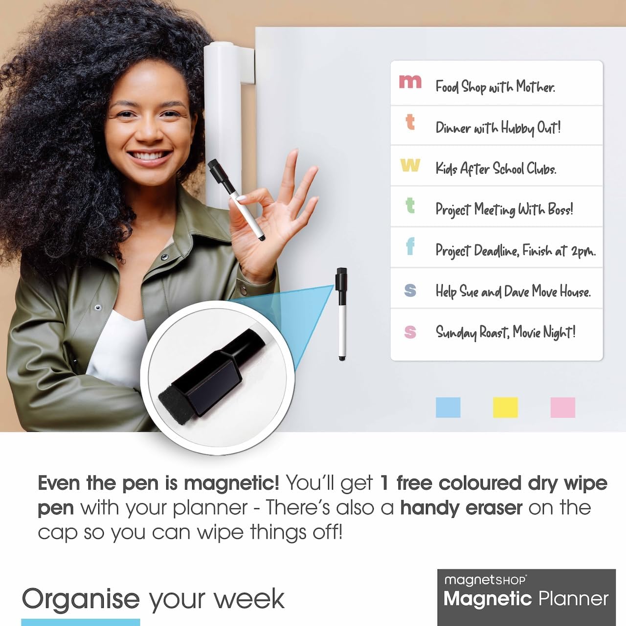 Magnetic weekly planner A4 on fridge with a person using a magnetic pen to organise tasks