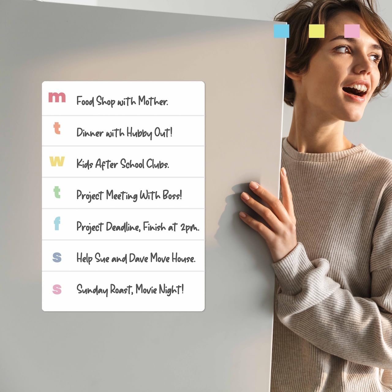 Magnetic weekly planner A4 displayed on a wall with organised weekly schedule in view