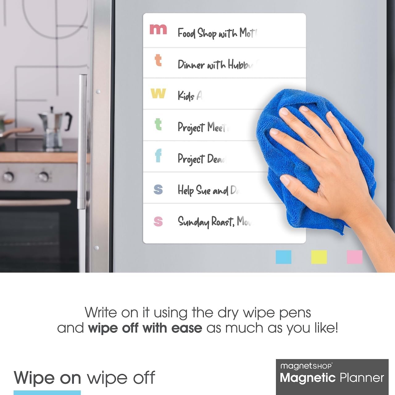 Magnetic weekly planner A4 attached to a fridge with notes and a person wiping it clean