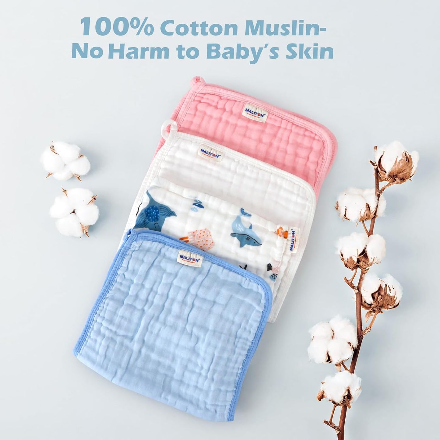 Maliton 100% Cotton Muslin Cloths for Baby in Pink, White and Blue - Gentle on Baby's Skin