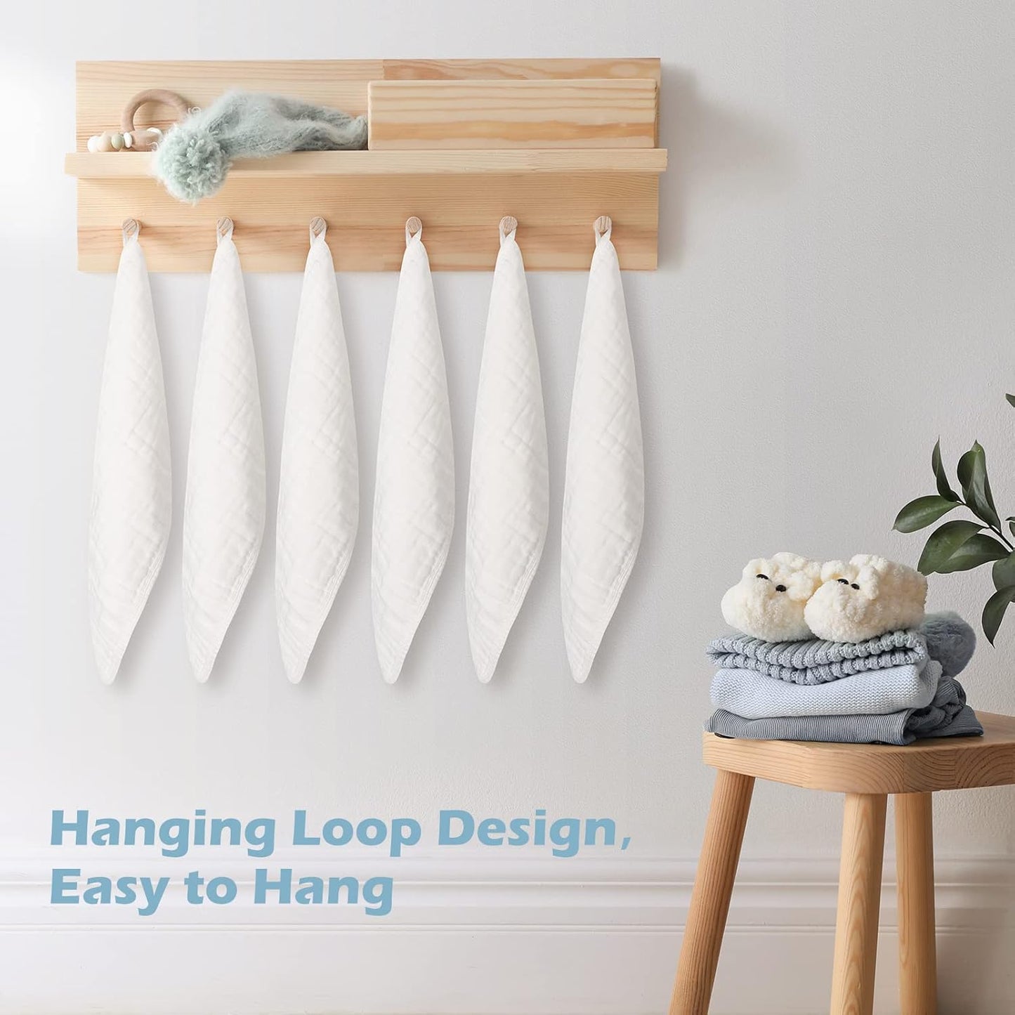 Set of Maliton muslin cloths for baby hanging neatly with a loop design for easy storage