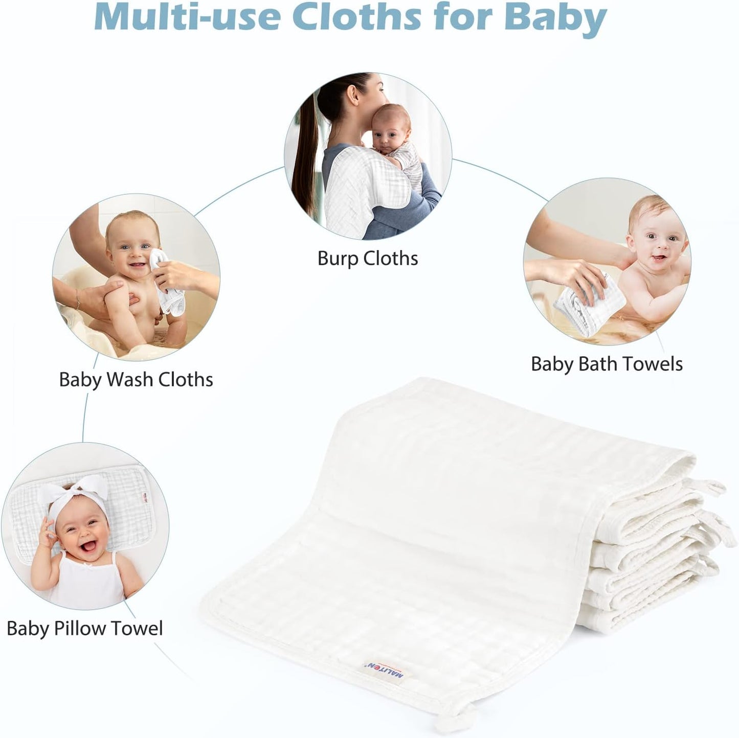 Maliton muslin cloths for baby in white, ideal for burping, washing, and bath time