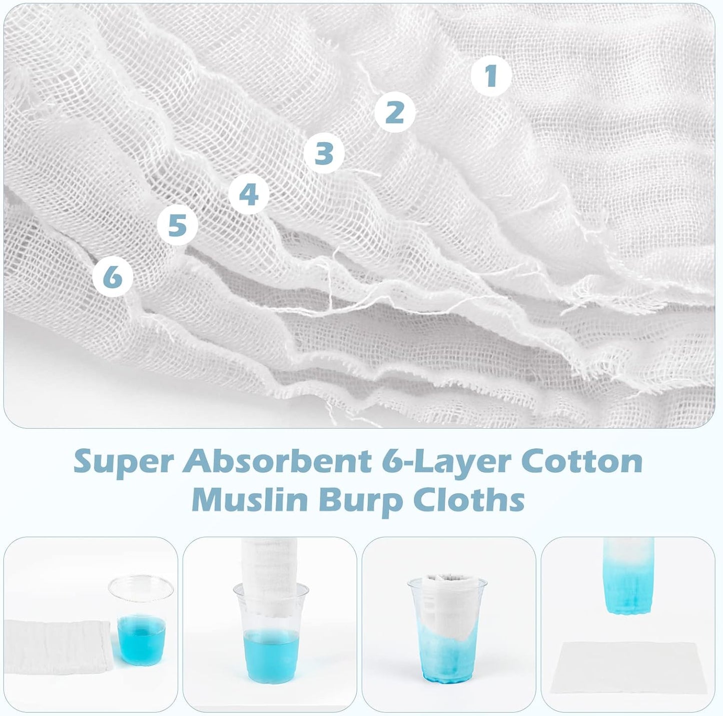 Maliton Super Absorbent 6-Layer Cotton Muslin Burp Cloths for Baby in White