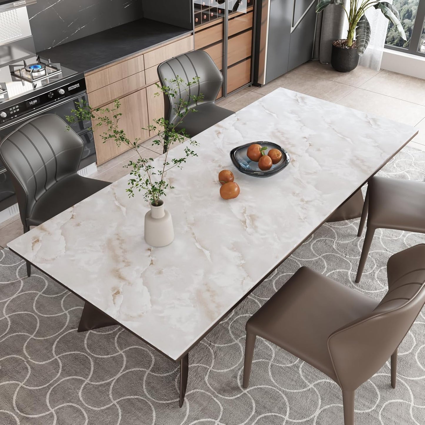Elegant marble pattern wallpaper for living room displayed in a modern dining space with stylish furniture