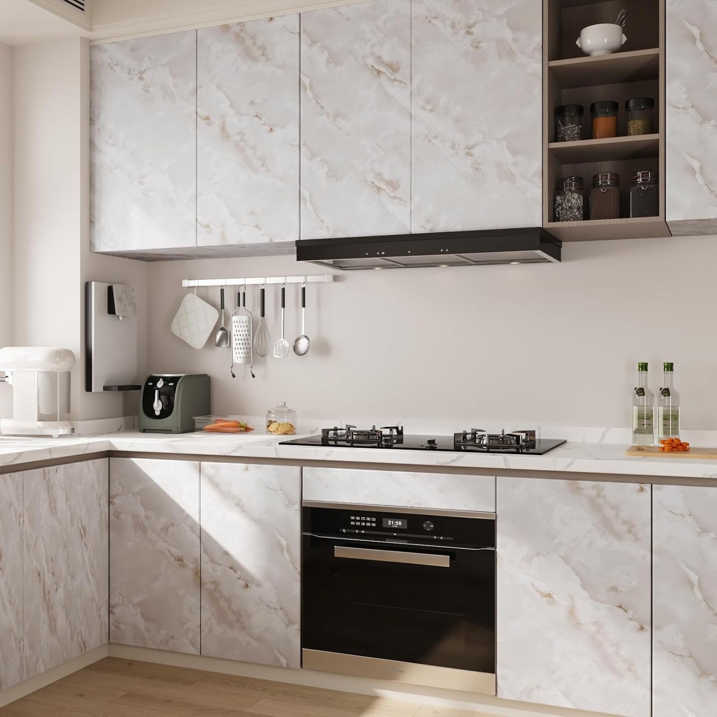 Stylish marble pattern wallpaper for living room enhancing a modern kitchen design