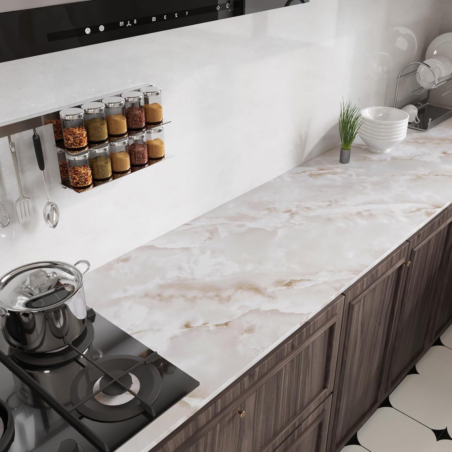 Cre8tive marble pattern wallpaper for living room with a sleek kitchen counter showing elegant design