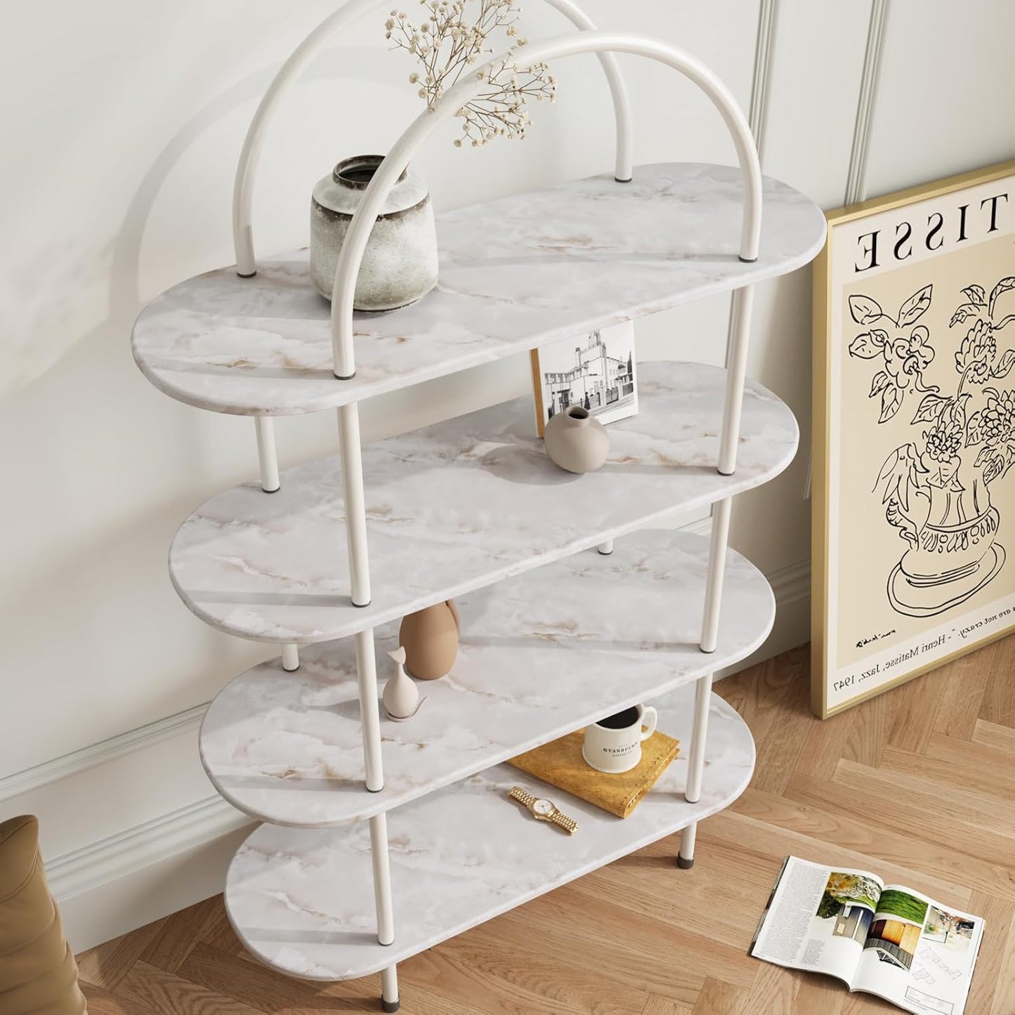 Cre8tive four-tier shelving unit with marble pattern wallpaper for living room design and stylish decor