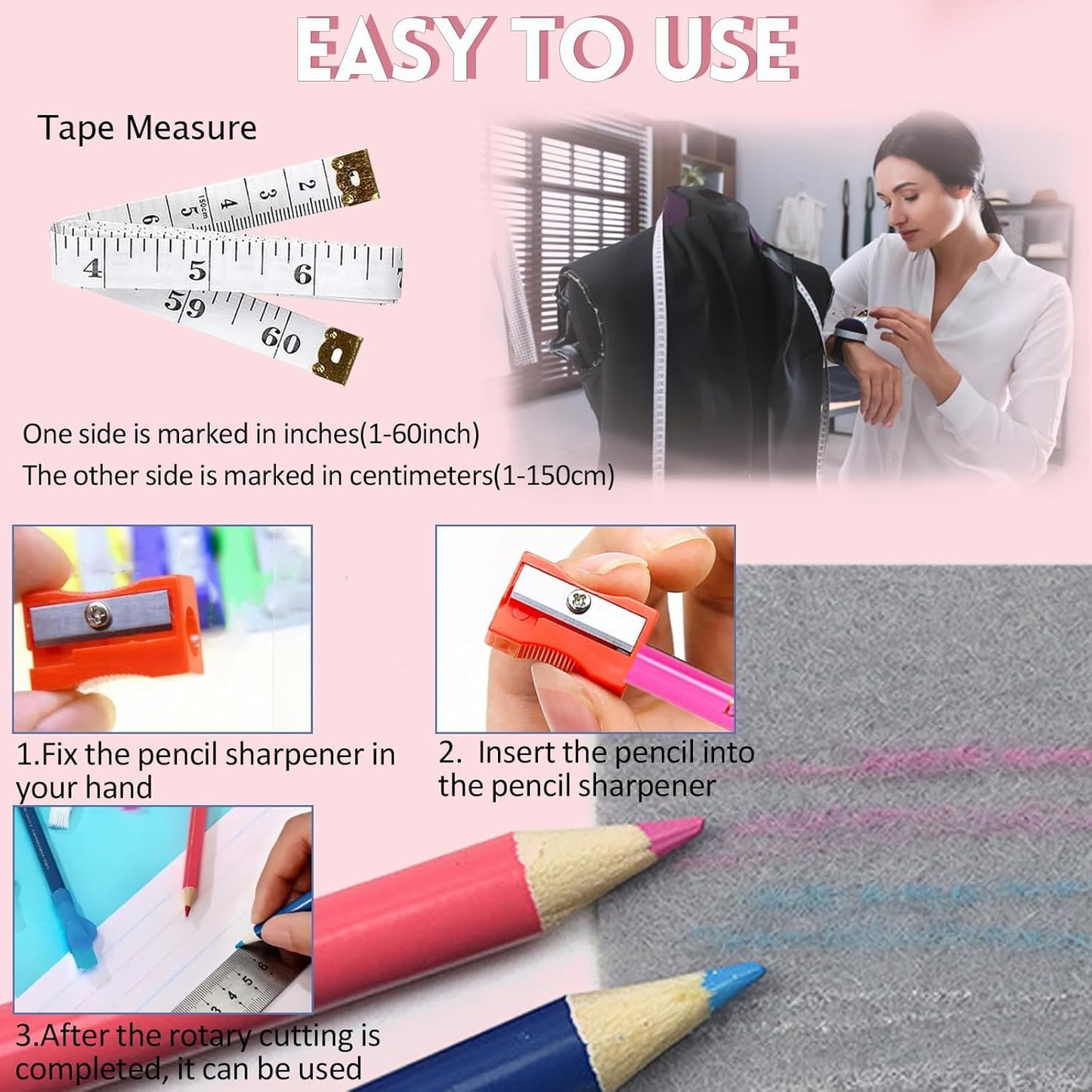 Easy to use sublimation shirt tool kit featuring a tape measure and pencil sharpener for precise measurements