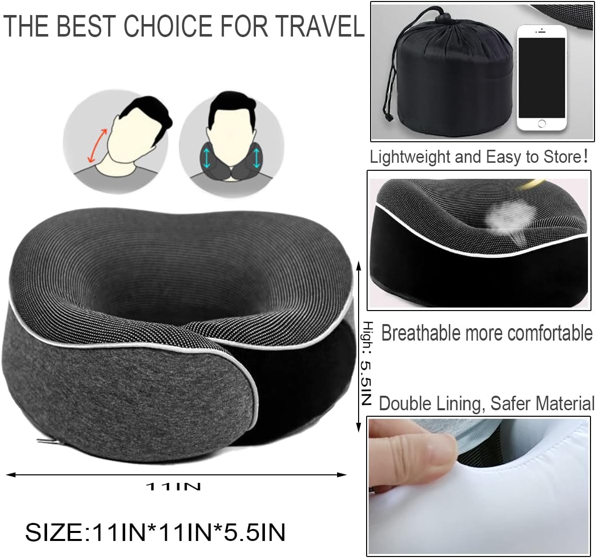 HAPPYBAG memory foam travel pillow in grey with double lining and breathable design for comfort on the go