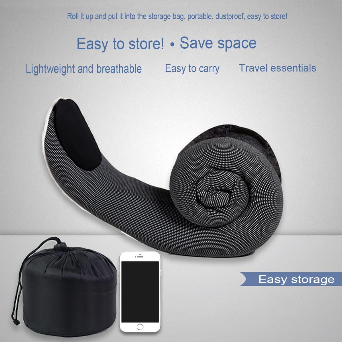 HAPPYBAG memory foam travel pillow rolled for easy storage and portability, ideal for trips