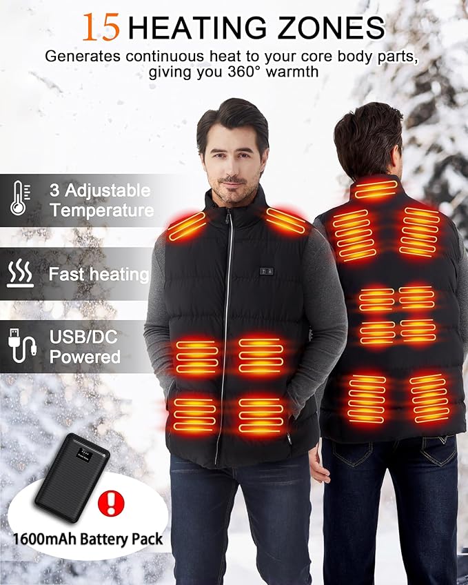 Men's heated vest with battery pack featuring 15 heating zones for ultimate warmth and comfort