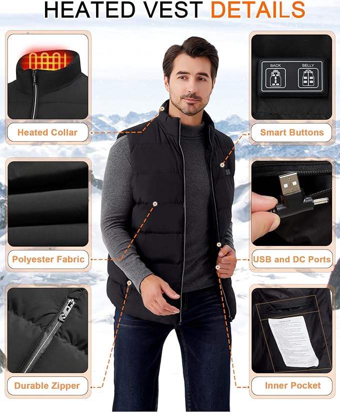 Men's heated vest with battery pack features heated collar, smart buttons, and USB ports for warmth