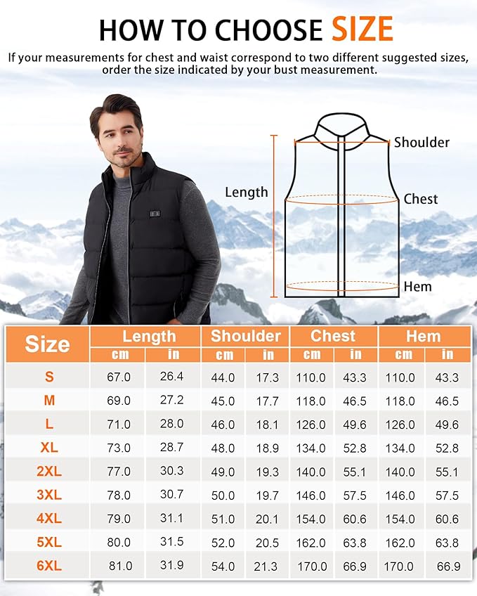 Size guide for SSLKJD men's heated vest with battery pack displayed on a snowy mountain backdrop