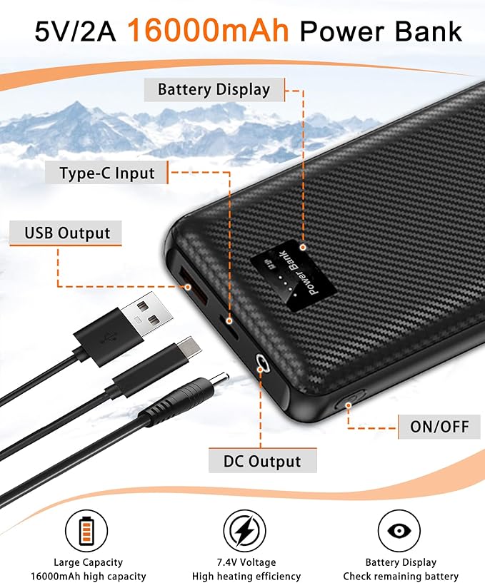 Men's heated vest with battery pack featuring a 16000mAh power bank for efficient heating outdoors