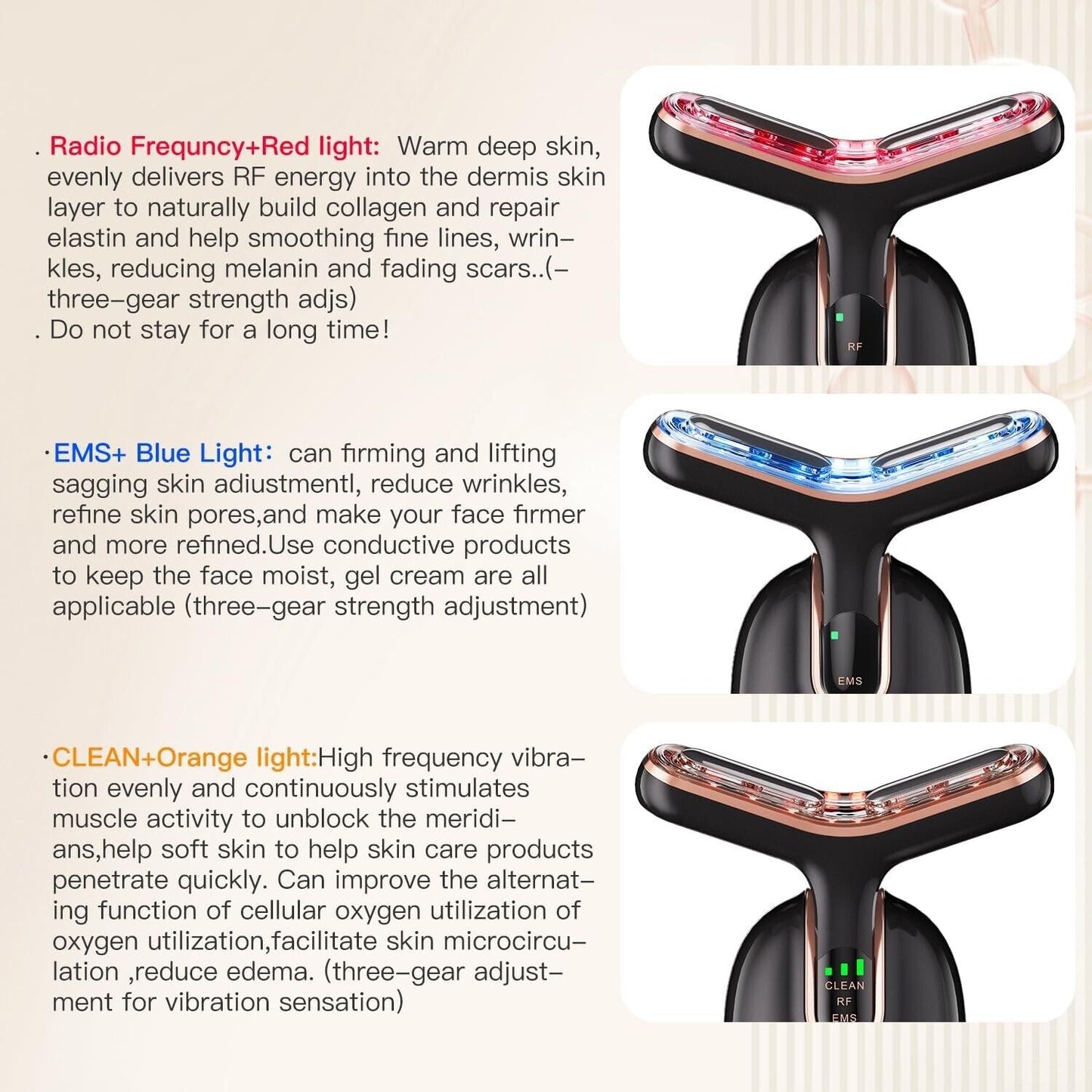 AOJIU microcurrent face lift device with three LED light settings for skin rejuvenation and lifting effects