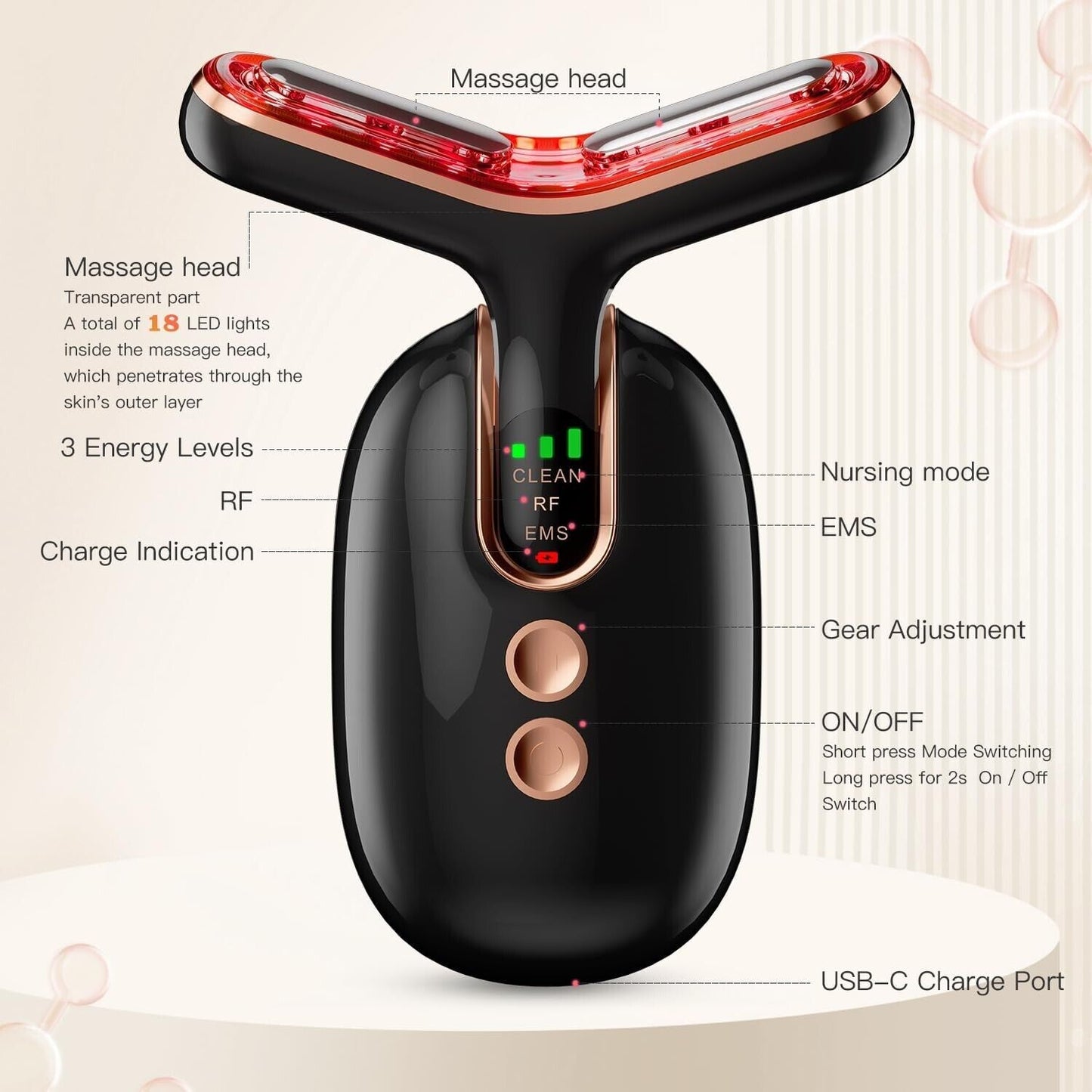 AOJIU Microcurrent face lift device featuring three energy levels and LED light for effective skin care