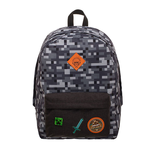 Bioworld Minecraft camo backpack featuring a pixelated design and front pocket patches