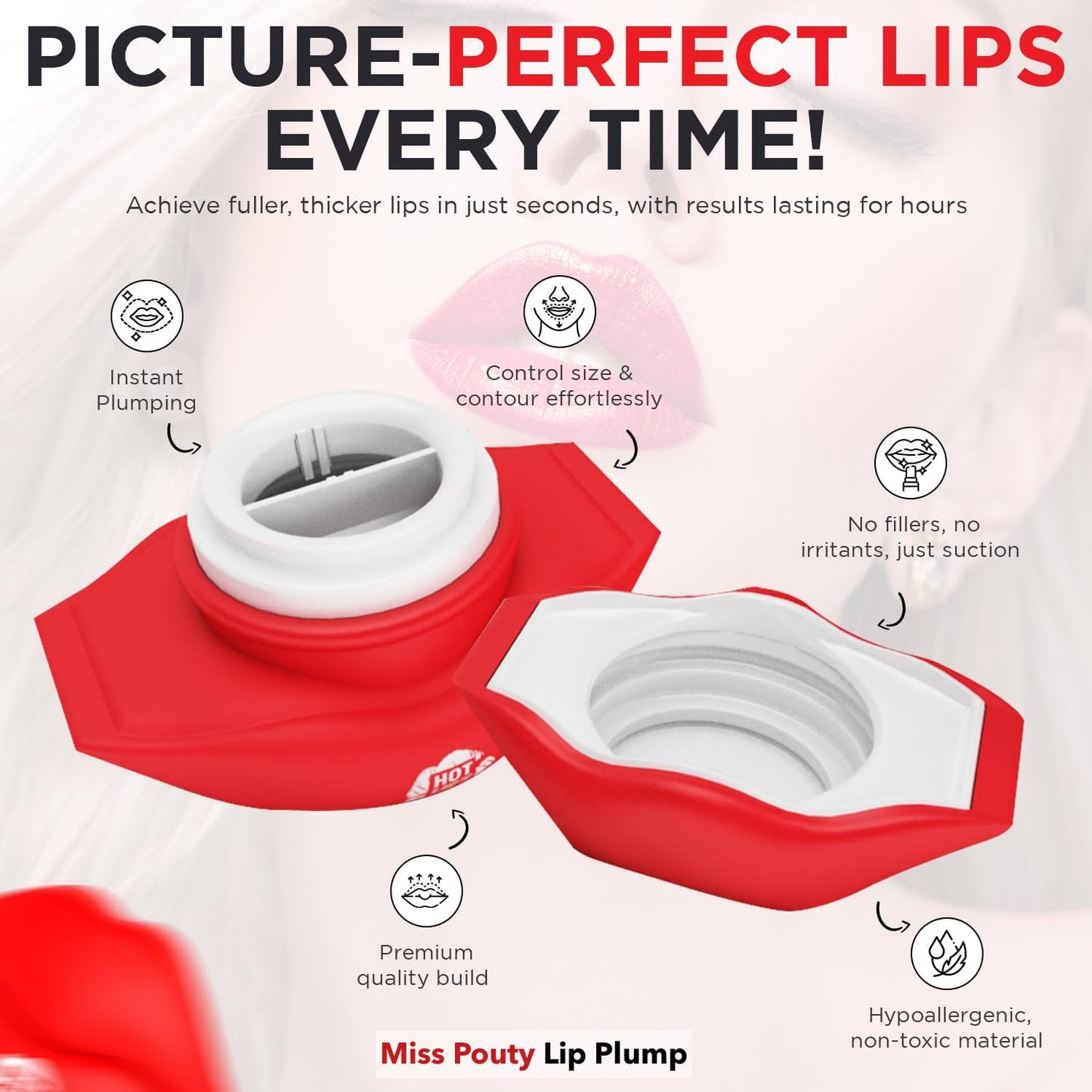 Miss Pouty lip plumper device for fuller, thicker lips in seconds with non-toxic materials