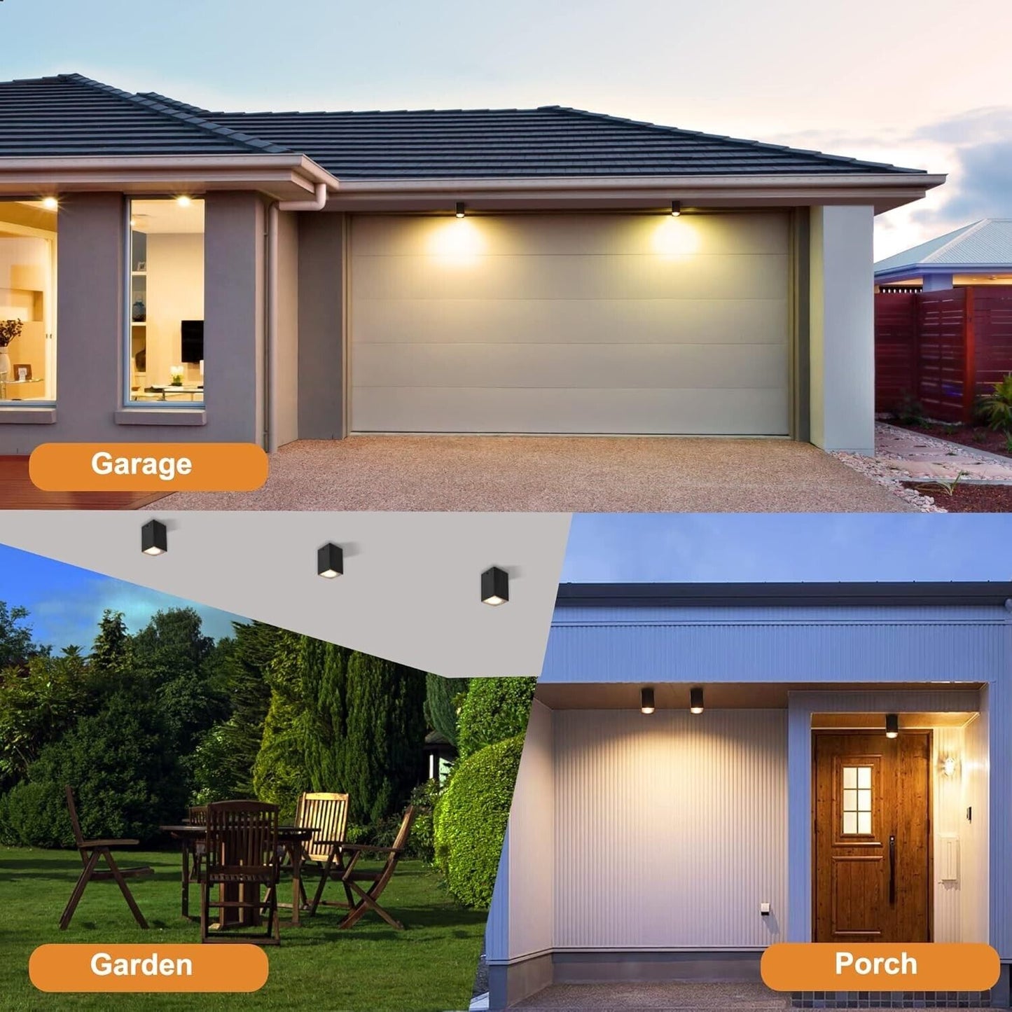 Modern ceiling spotlights illuminating garage and porch areas for enhanced outdoor aesthetics