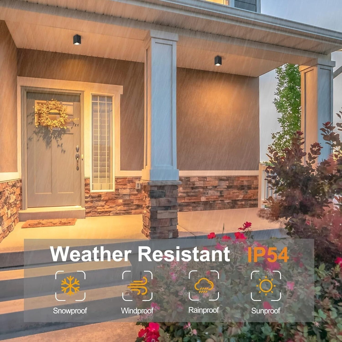 Weather-resistant modern ceiling spotlights illuminating a porch entryway during rainfall