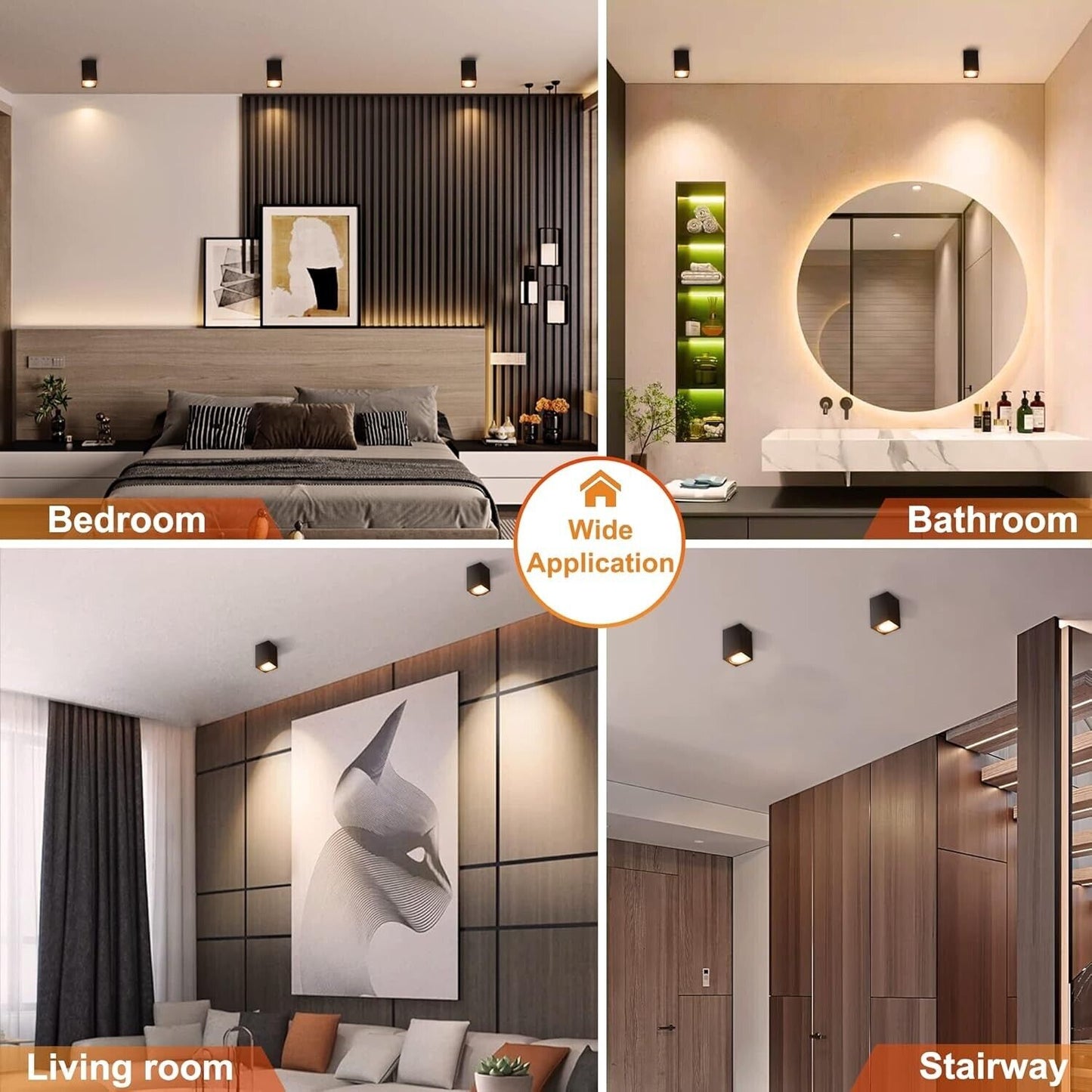 Modern ceiling spotlights showcased in various settings: bedroom, bathroom, living room, and stairway