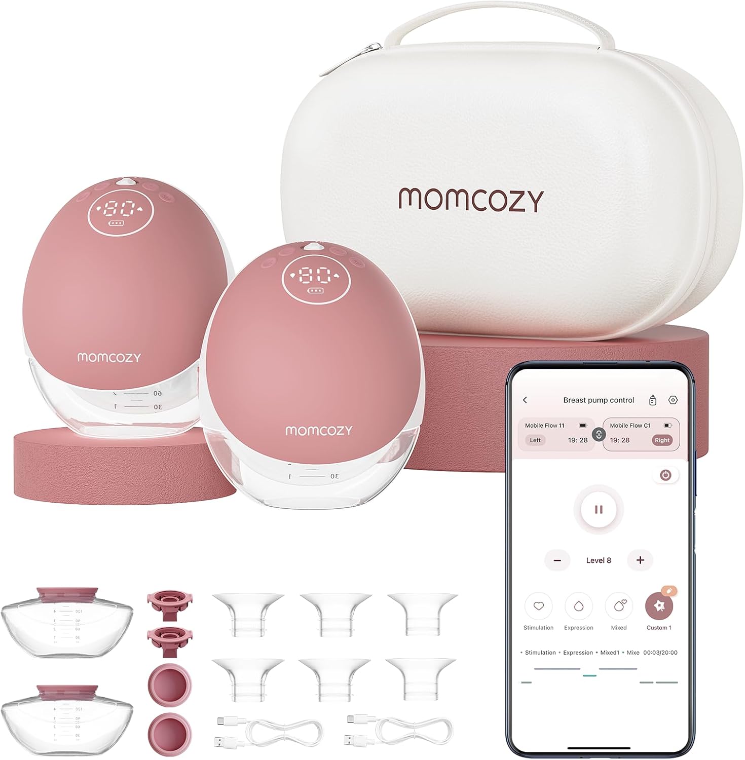 Momcozy hands free breast pump with portable case and adjustable settings for convenient pumping