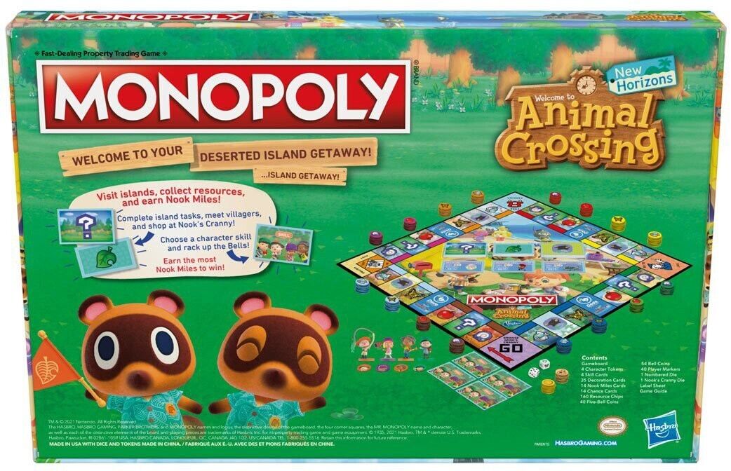 Monopoly Animal Crossing board game featuring island getaway theme and collectible resources
