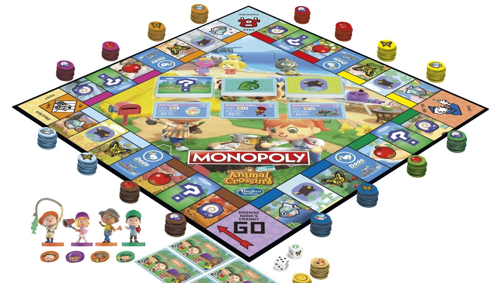 Animal Crossing Monopoly Board Game featuring colorful tokens and community chest cards