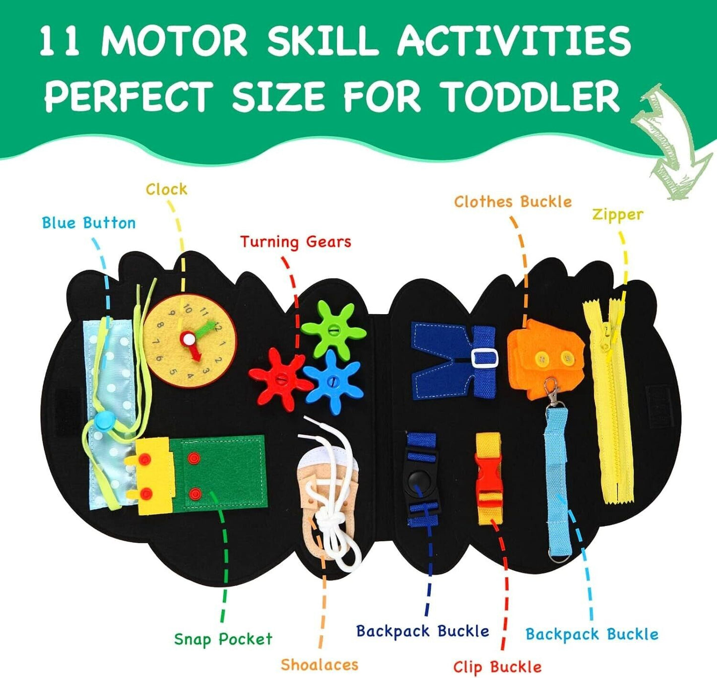Dinosense Montessori busy board for toddlers featuring 11 motor skill activities including zippers and buckles