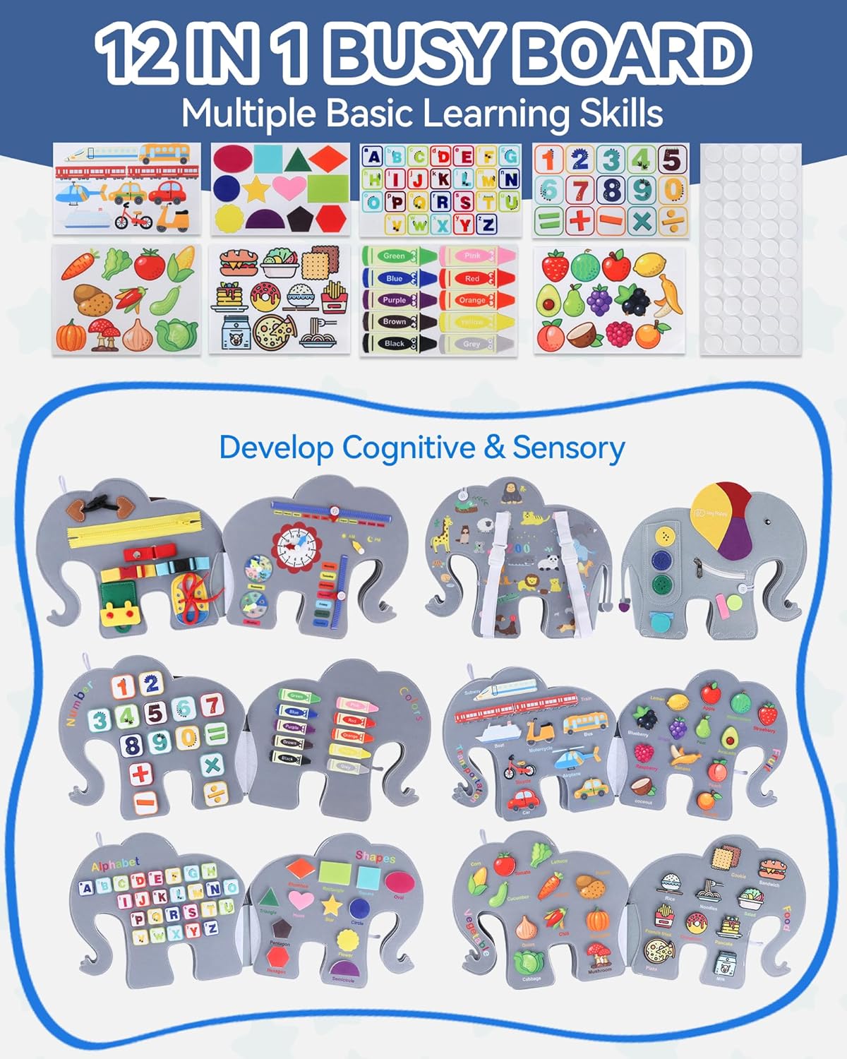 Heypappy Montessori busy board for toddlers featuring 12 engaging activity panels for skill development