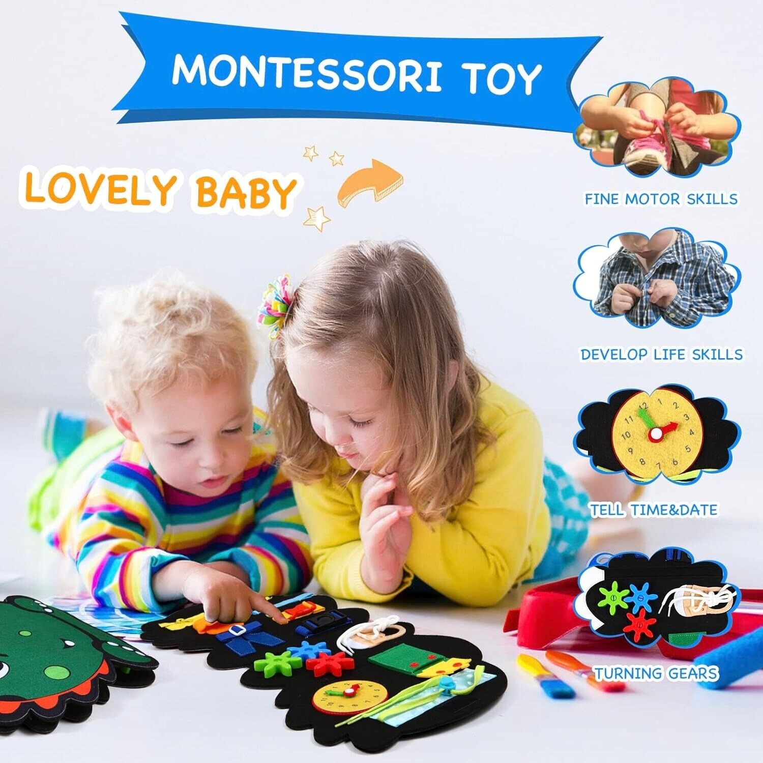 Children playing with a colourful Montessori busy board for toddlers to enhance motor and life skills